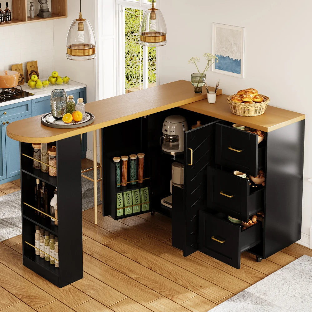 135-228x39x104cm Extendable Bar Cart with 2 Doors & 3 Drawers, Rollable