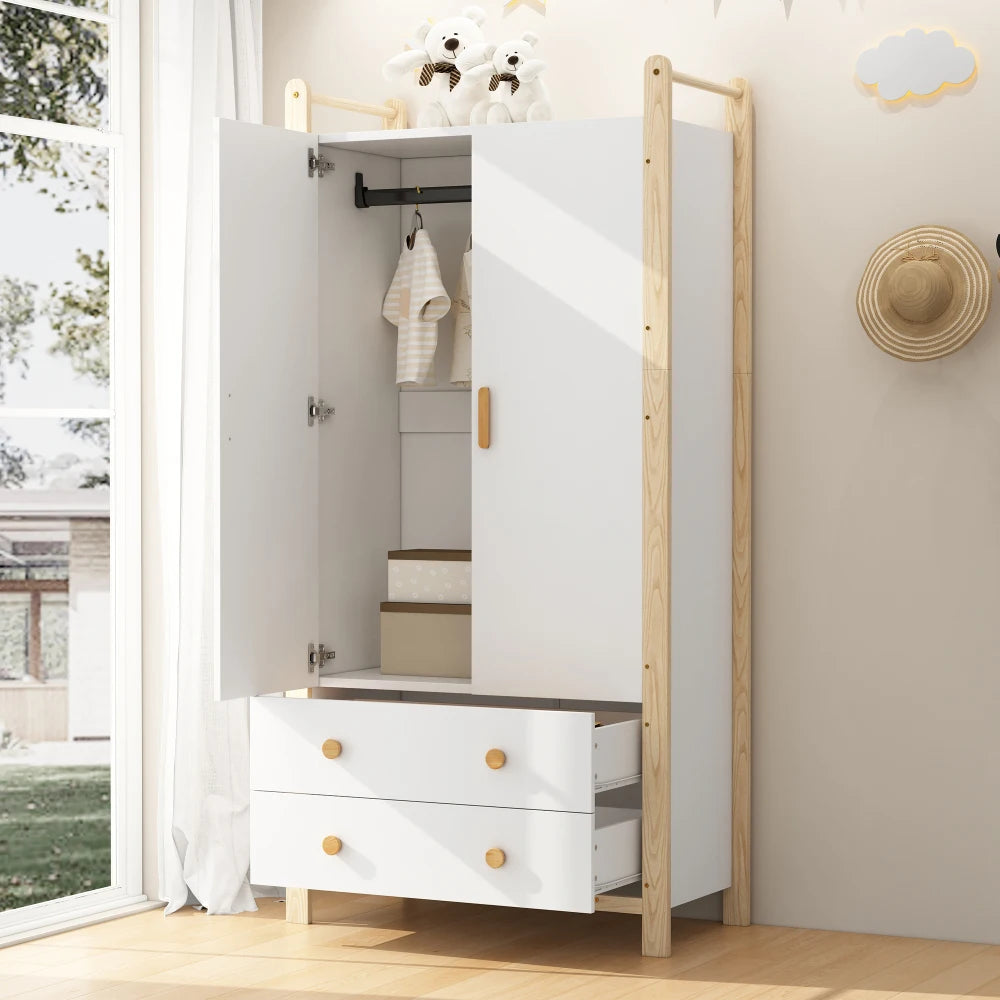 2-door Wardrobe, Wardrobe with Wardrobe Rack, 2 Drawers, for Bedroom