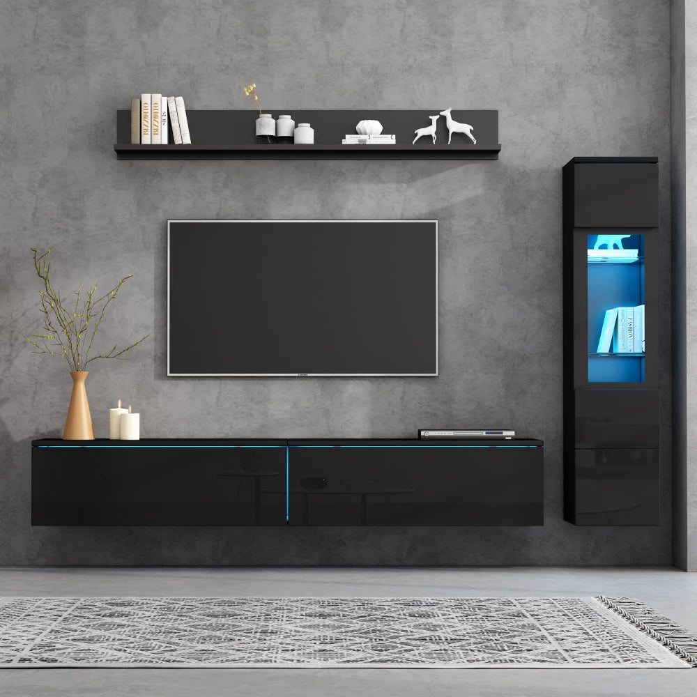 3-Piece TV Living Wall Set with LED Lighting, High Gloss Furniture Set