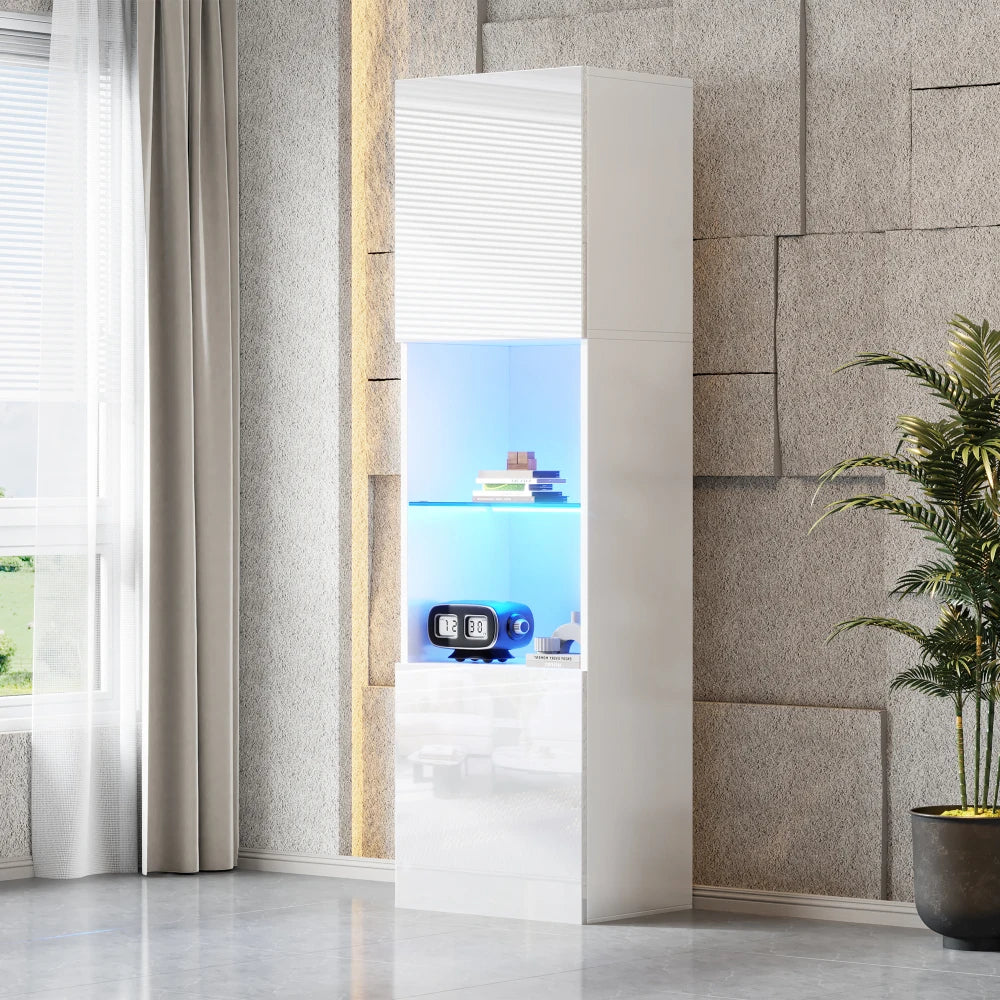 45×35×160cm High-gloss Display Cabinet with LED Lighting, 1 Glass Floor