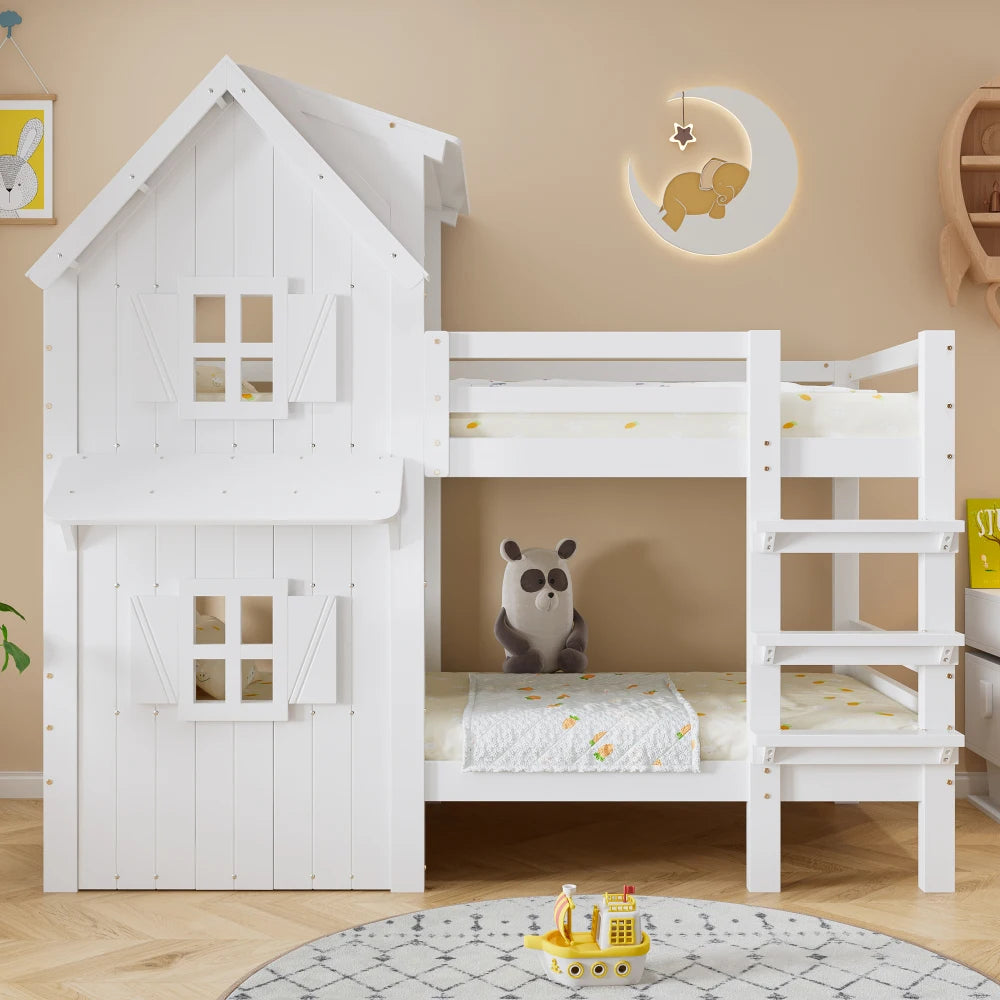 90x200cm Children's Bunk Bed, Beautiful Window and Roof
