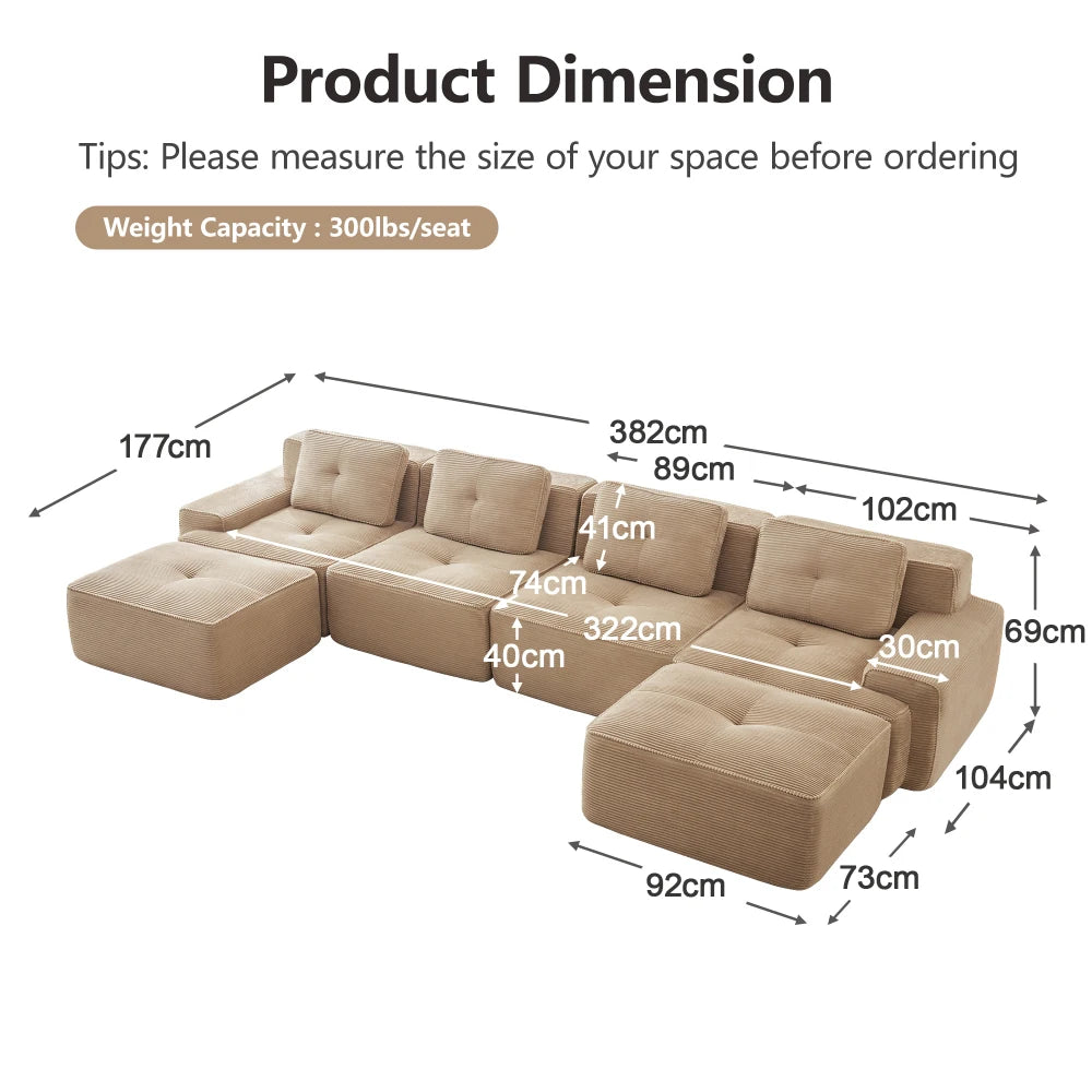 4-Seater Boneless Modular Sofa with U-Shaped Chair Length