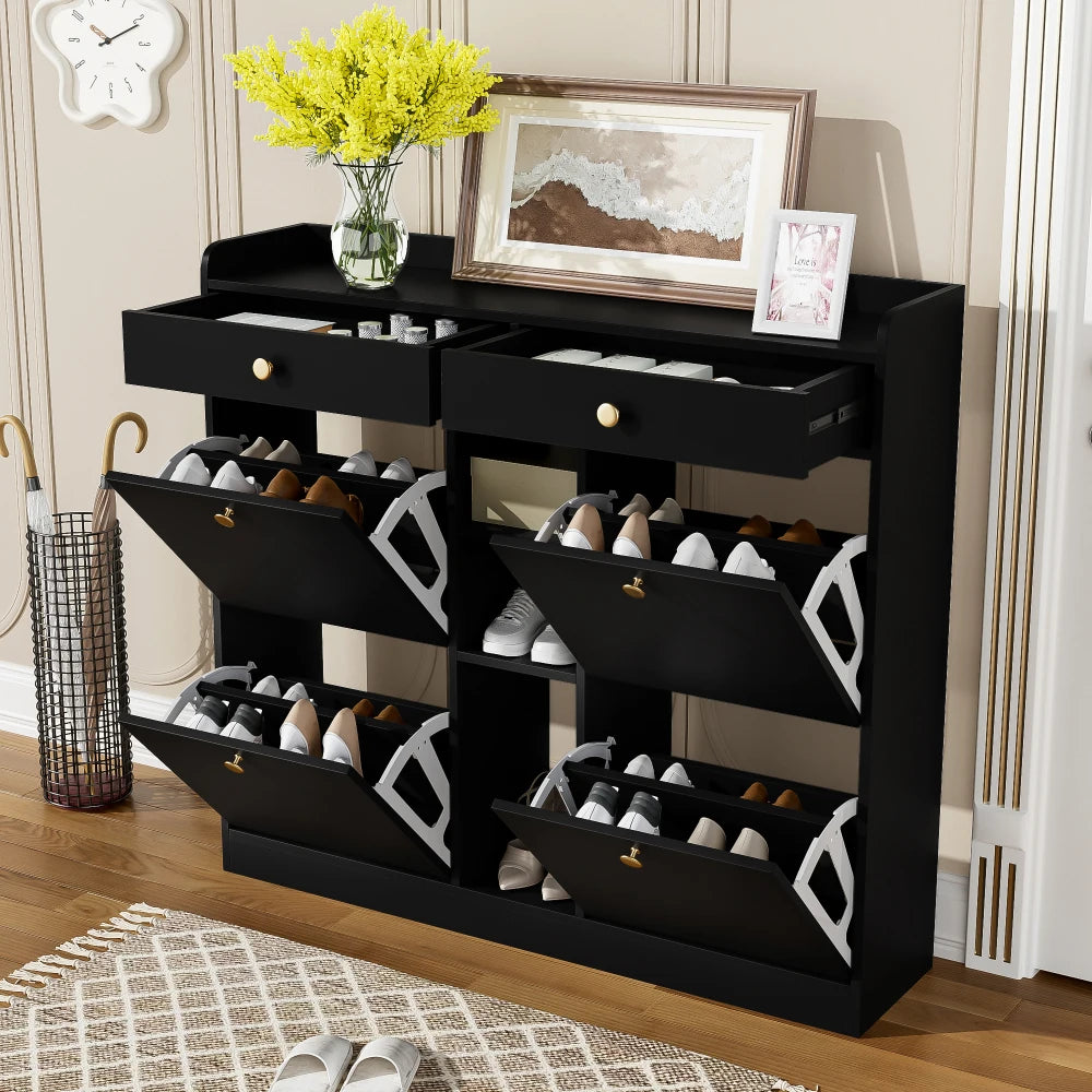 110 X 26 X 100cm Shoe Cabinet with 4 Folding Doors, 2 Drawers