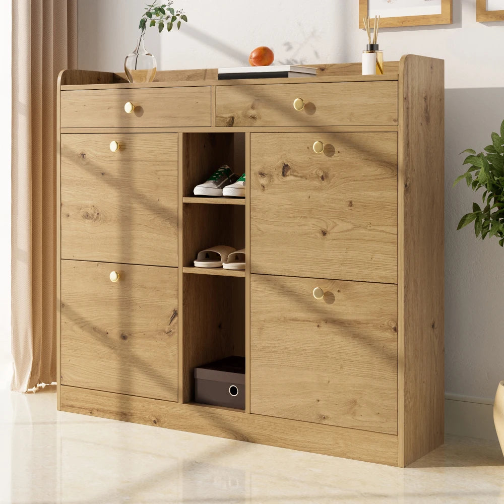 110 X 26 X 100cm Elegant Wooden Shoe Cabinet with 4 Folding Doors