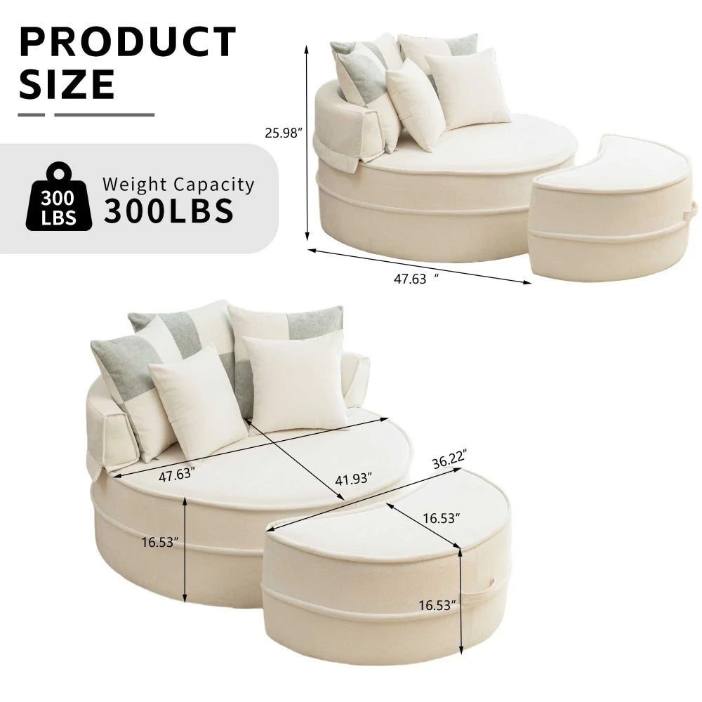Round Sofa with 5 Pillows, Multi-Functional Reading Chair with Ottoman