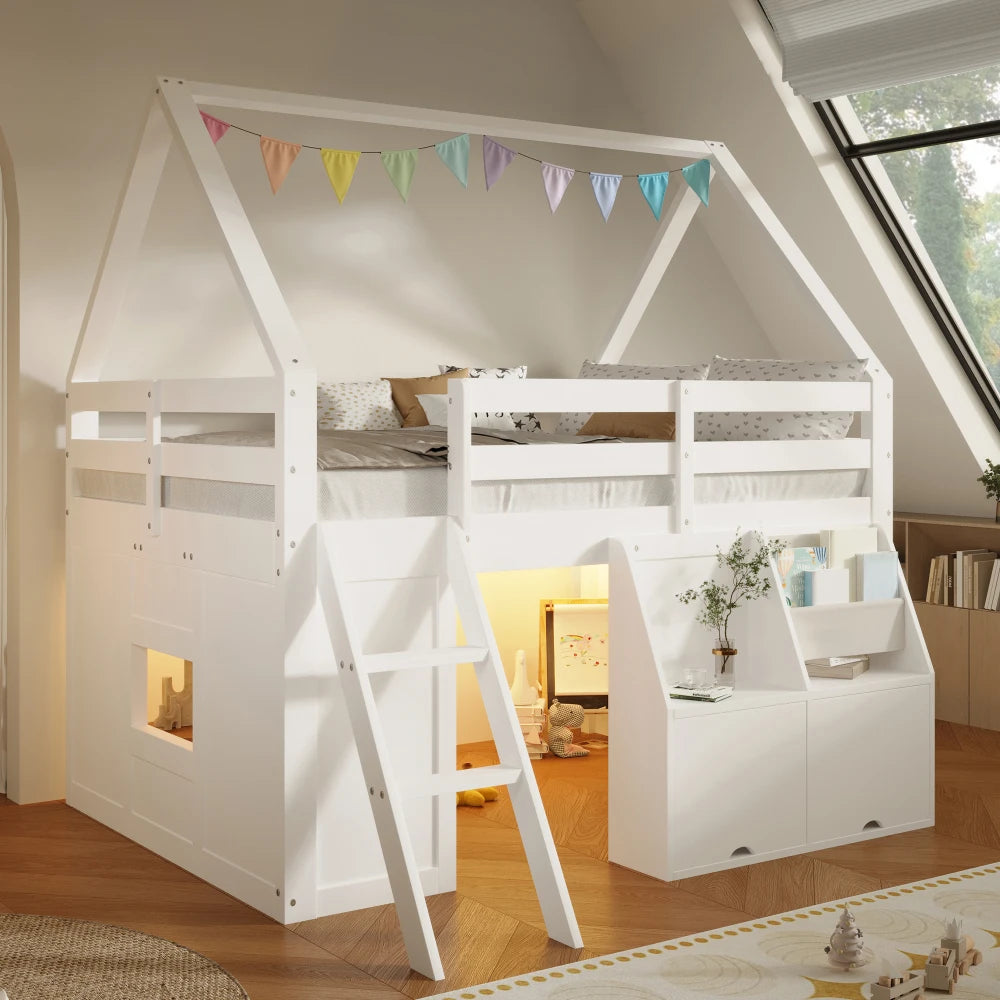 140×200cm White House‑Shaped High Bed Frame with Stairs