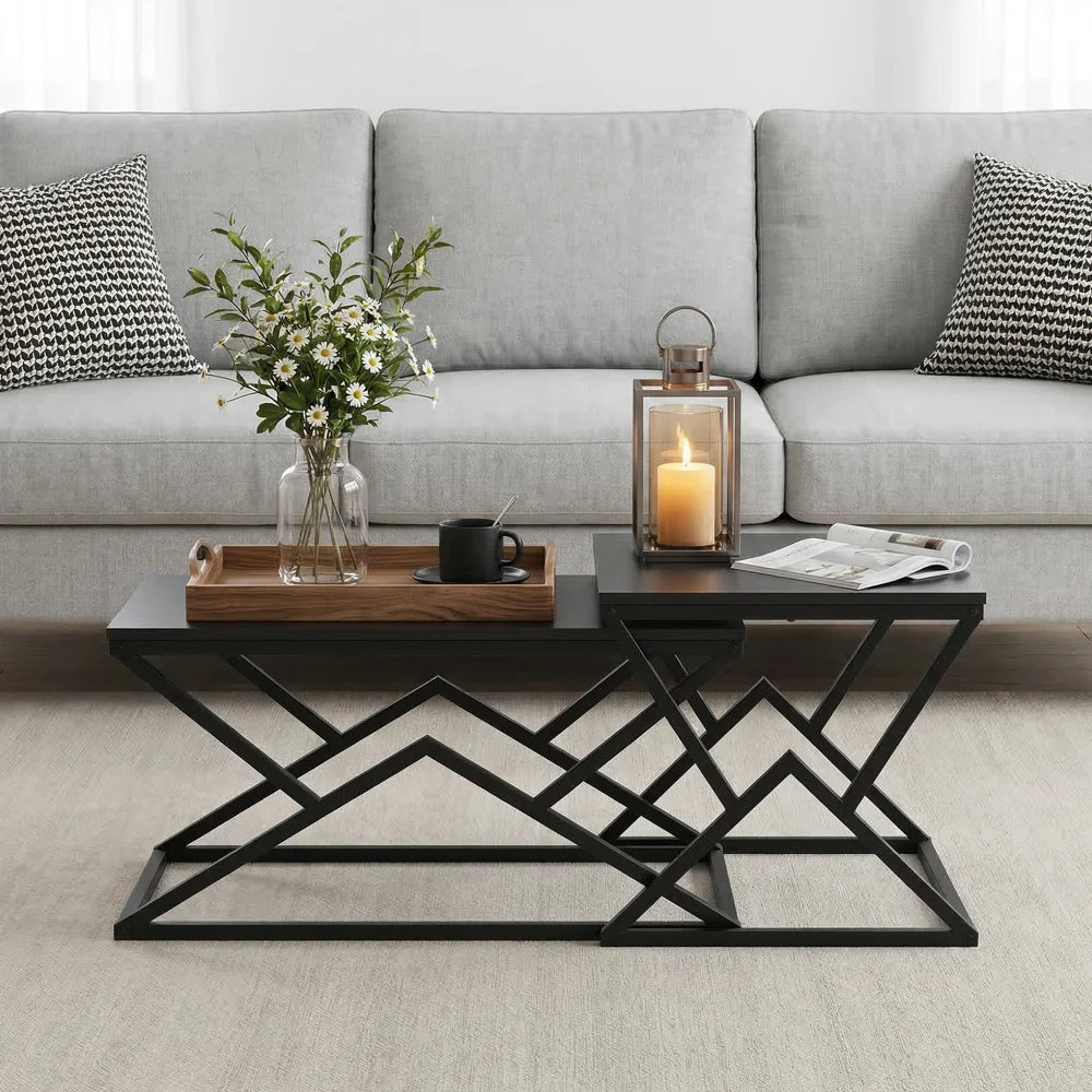 Black Modern Geometric Coffee Table, Wooden Top with Stable Metal Frame
