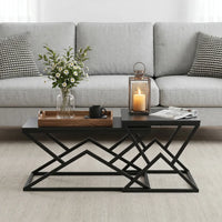 Black Modern Geometric Coffee Table, Wooden Top with Stable Metal Frame