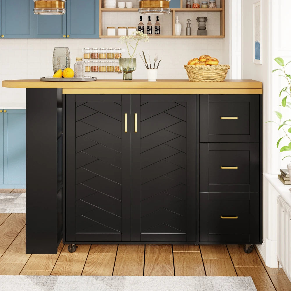 135-228x39x104cm Extendable Bar Cart with 2 Doors & 3 Drawers, Rollable