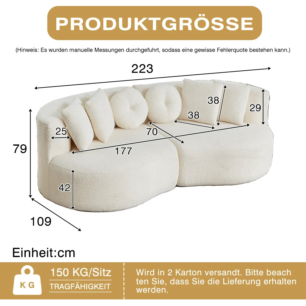 Modular Chenille Sofa, Curved Cashew Shape Design, Continuous Backrest