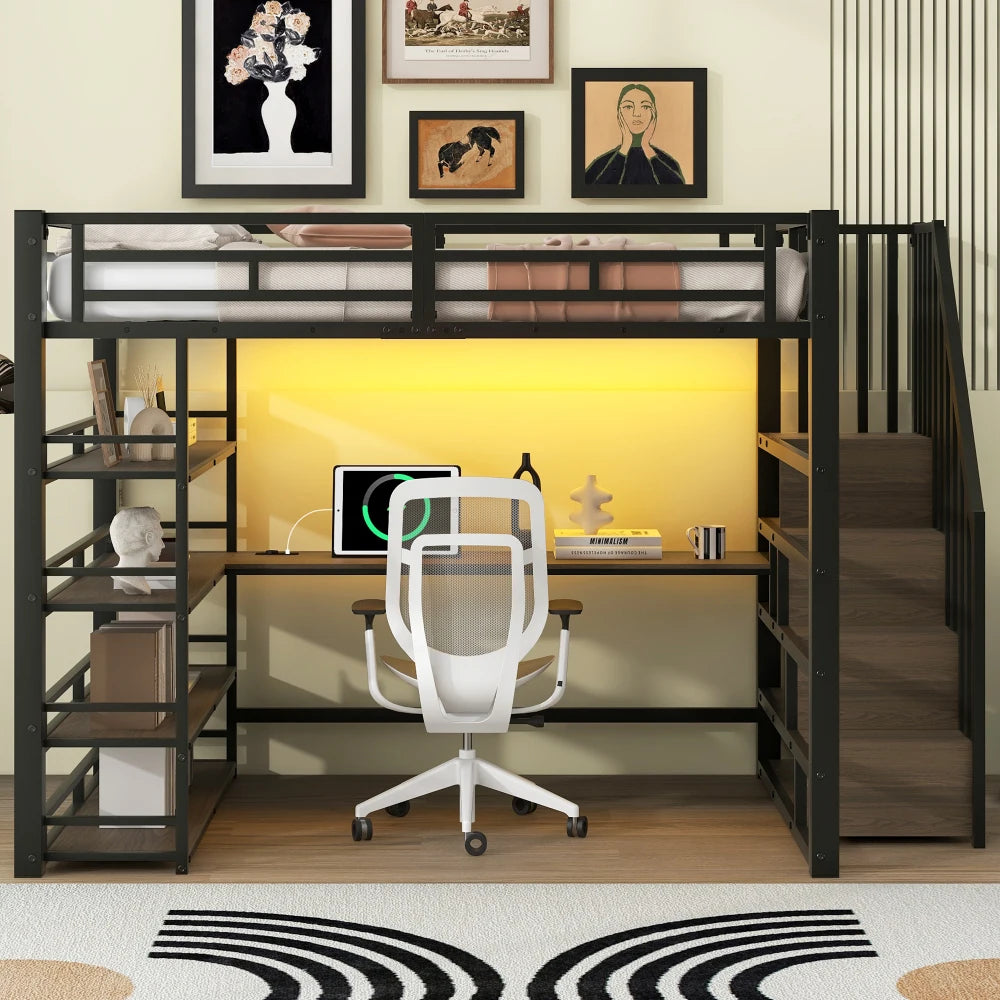 140x200cm Metal Bunk Bed with Stairs and Integrated Desk