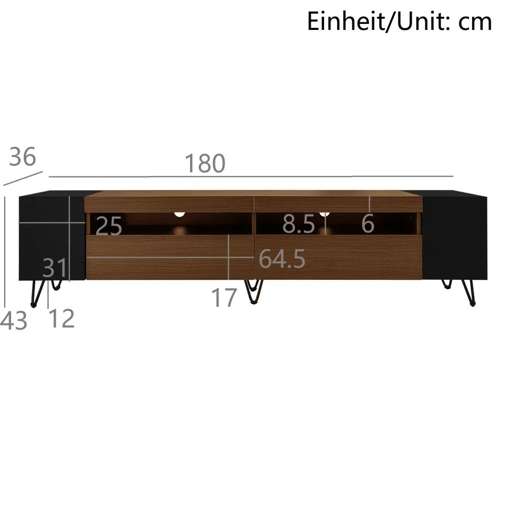 Modern TV Cabinet, Black and Wooden Optics, Length 180 Cm