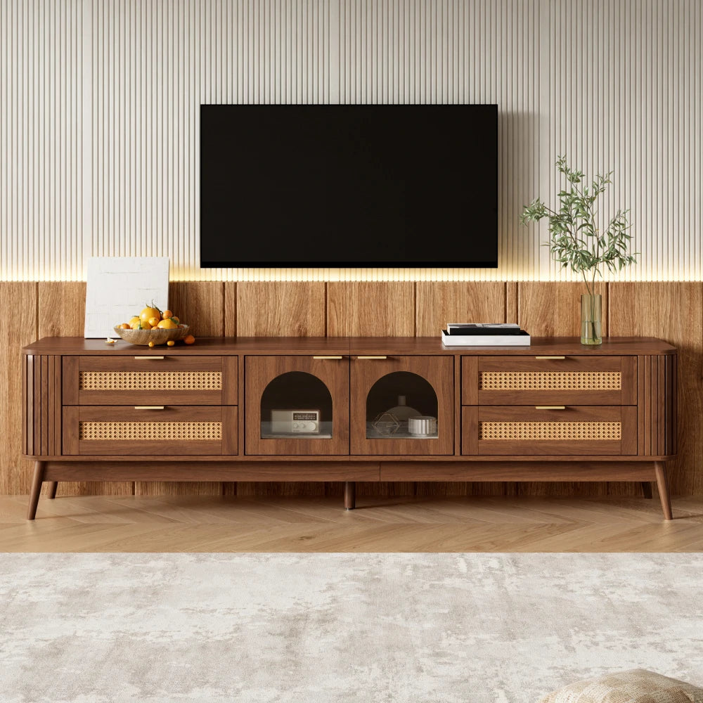 180x40x50cm Modern TV Stand with Curved Sliding Glass Doors & Solid Wood Legs