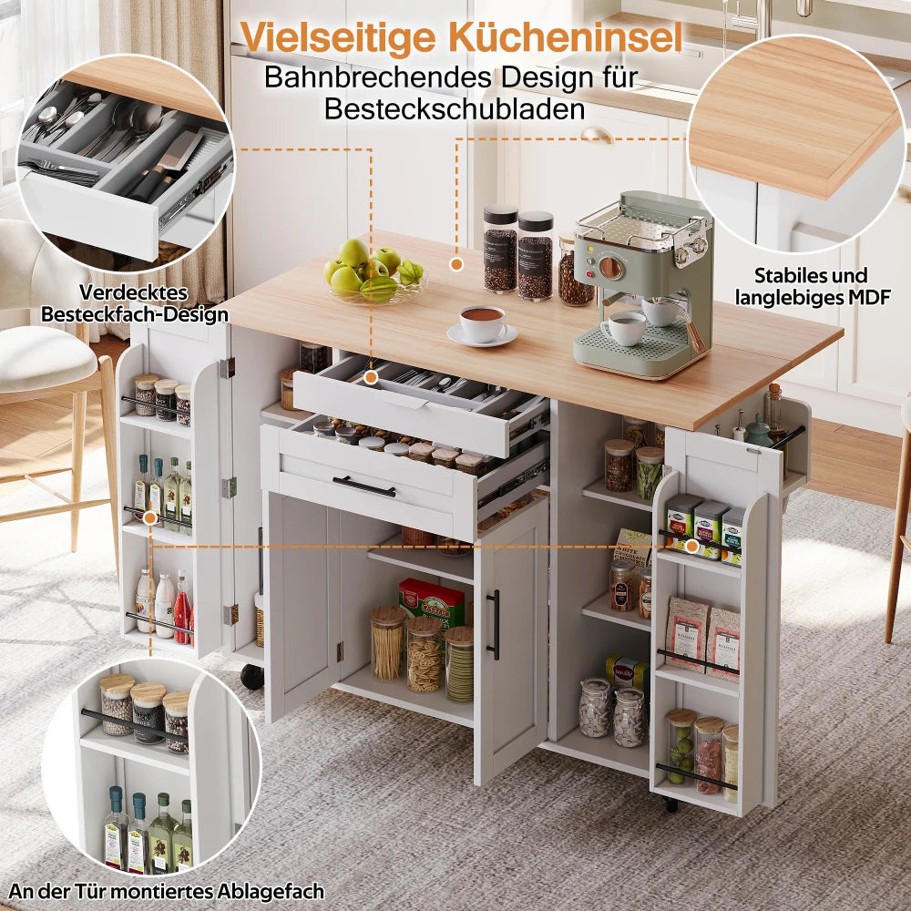Mobile Kitchen Island, Kitchen Trolley, Extendable Worktop Up To 70cm