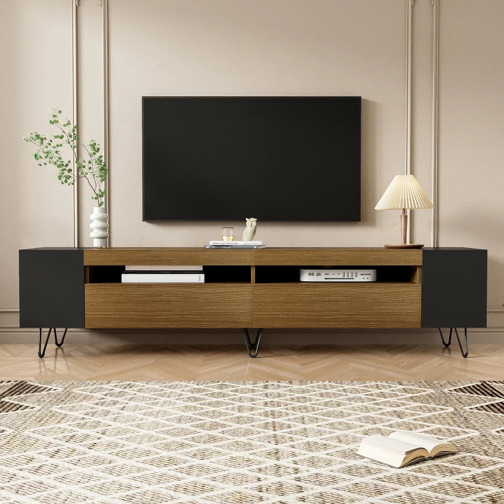 Modern TV Cabinet, Black and Wooden Optics, Length 180 Cm