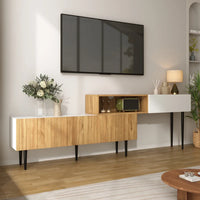 Modern TV Cabinet with Adjustable Length, Wooden Optics + White Matt
