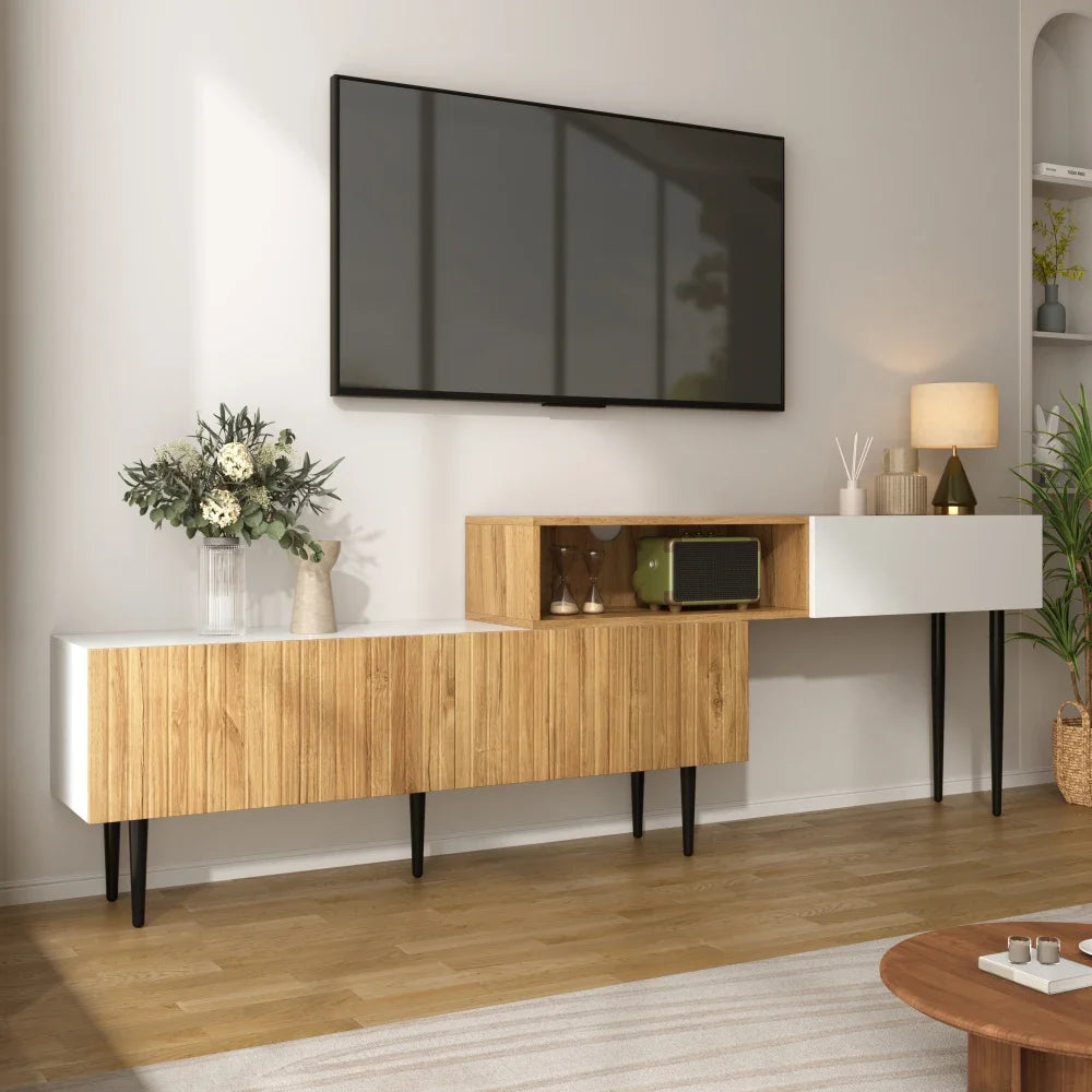 Modern TV Cabinet with Adjustable Length, Wooden Optics + White Matt
