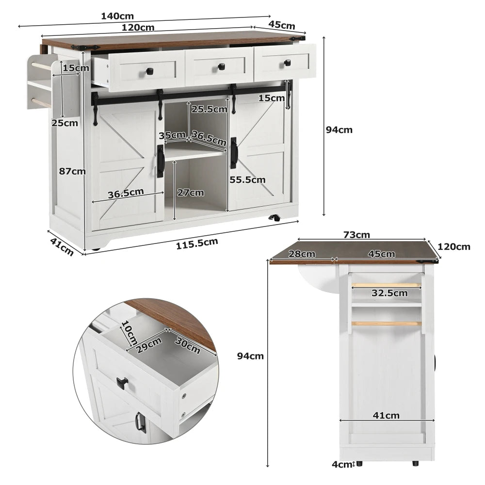 Kitchen Island, Dining Trolley with Pull-out Worktop