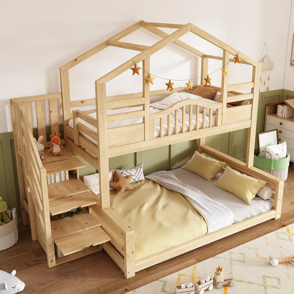 90x200/140x200cm Bunk Bed Children House Bed Natural Wood with Staircase Storage