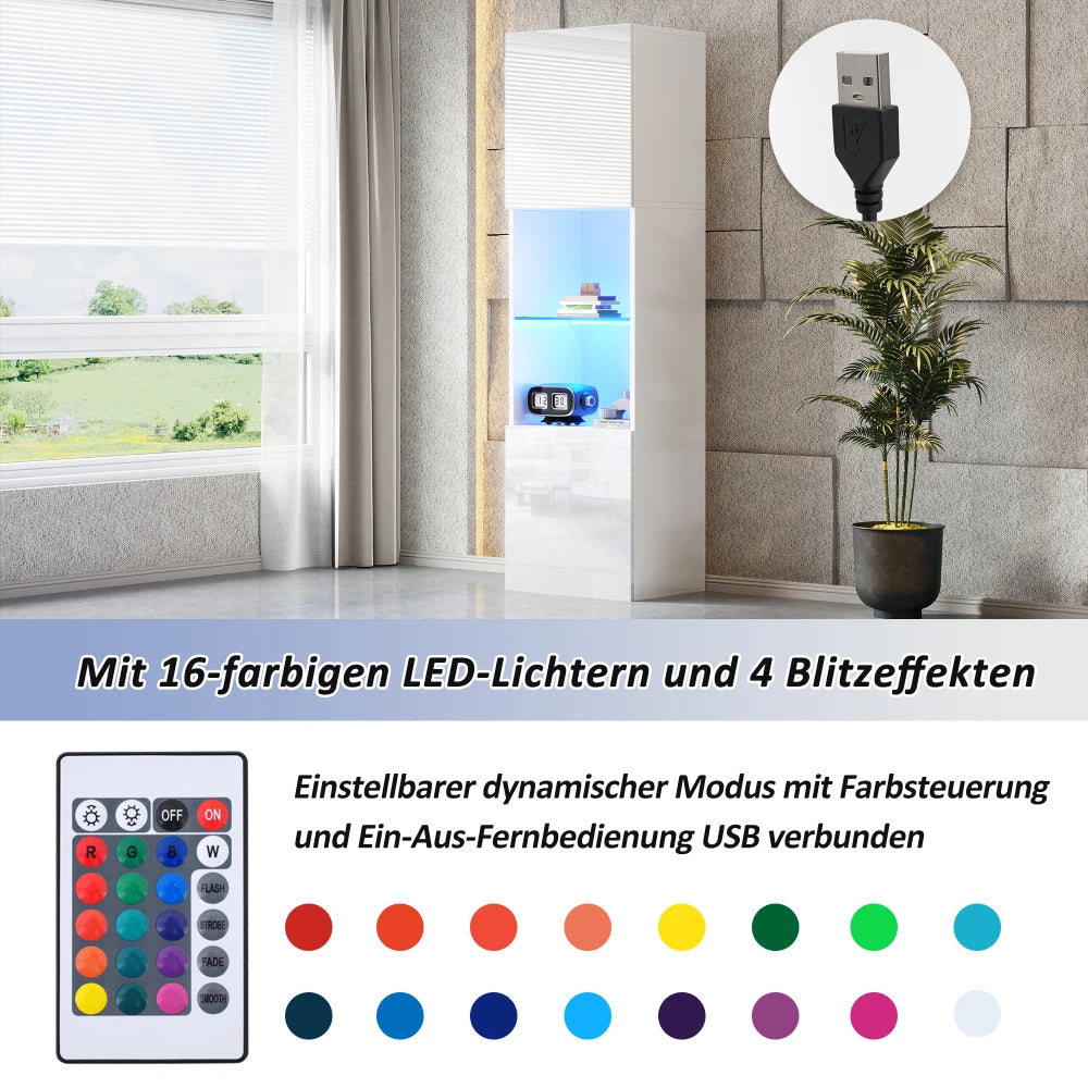 45×35×160cm High-gloss Display Cabinet with LED Lighting, 1 Glass Floor
