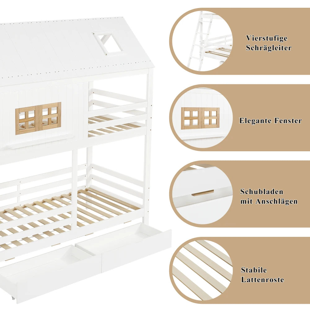 90x200cm Children Bunk Bed, with Beautiful Window and Roof