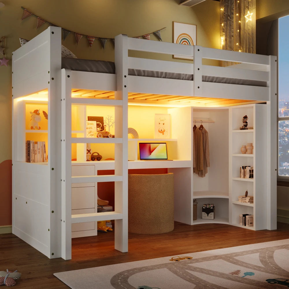 90 X 200cm/140 × 200cm High Bunk Bed, with LED Lights and Wardrobe