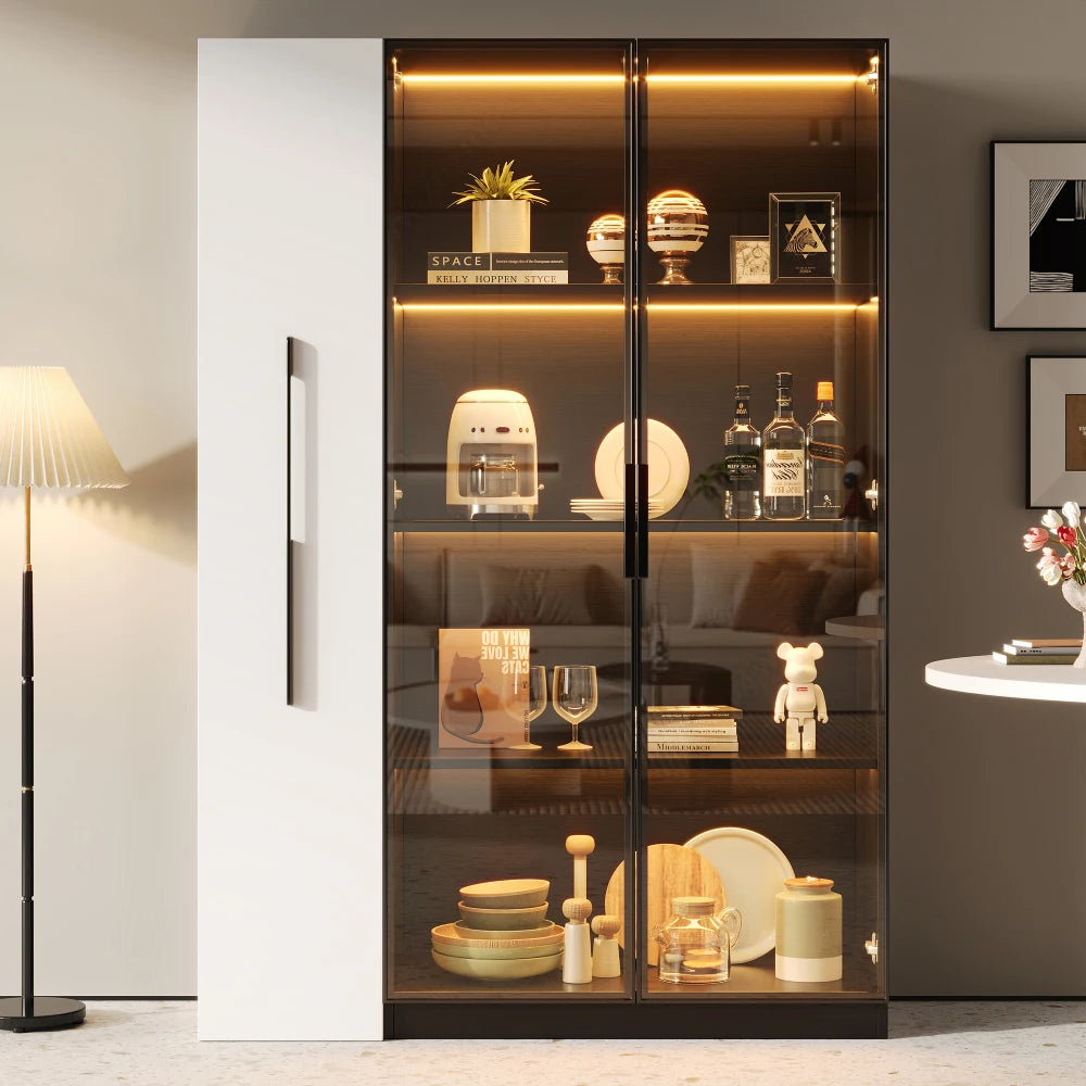 110.5×35×160cm Multifunction Showcase with Glass Door and LED, Side Drawer