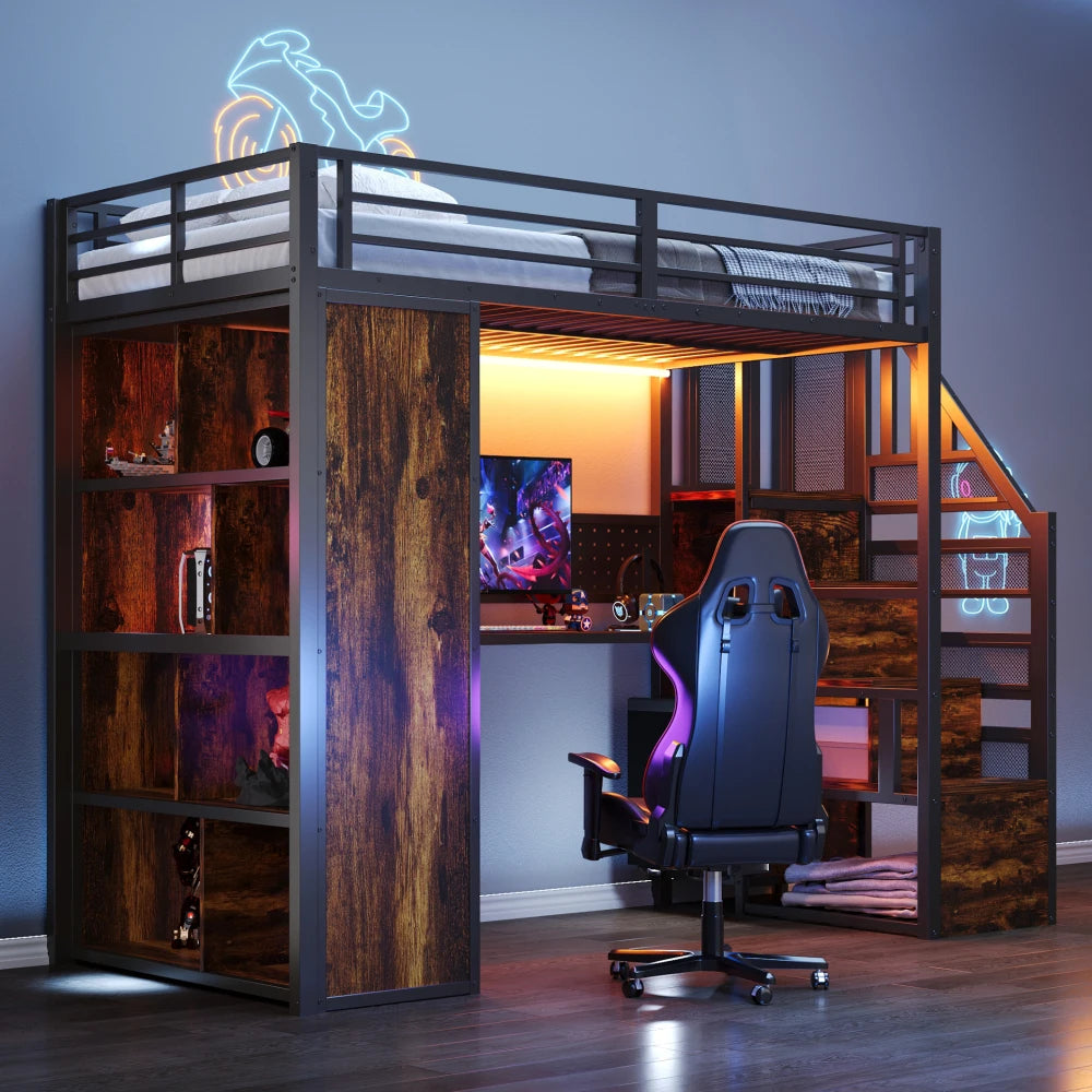 90 X 200cm Metal High Bed, with Wardrobe and Storage Compartments, 