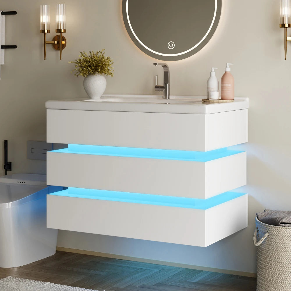 White Wall Mounted Bathroom Cabinet, Ceramic Sink Cabinet with Drawers