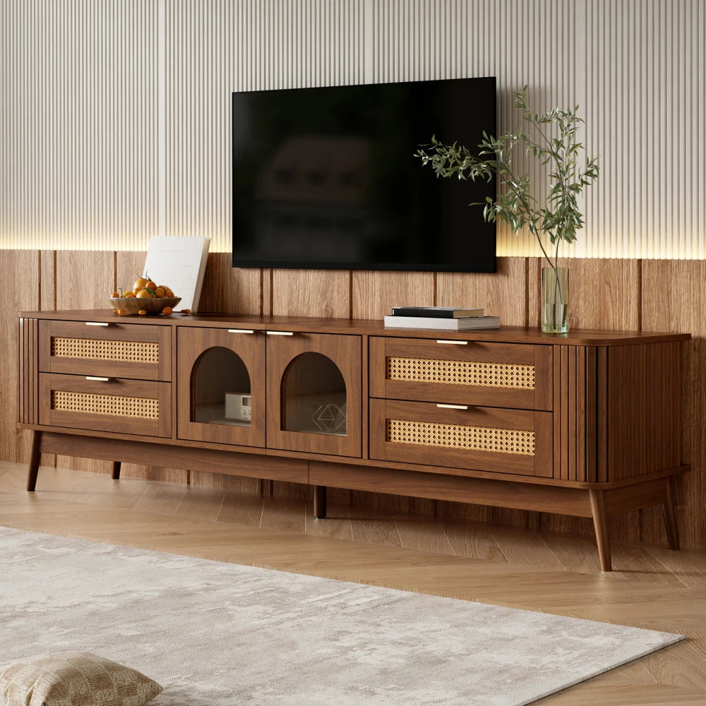 180x40x50cm Modern TV Stand with Curved Sliding Glass Doors & Solid Wood Legs