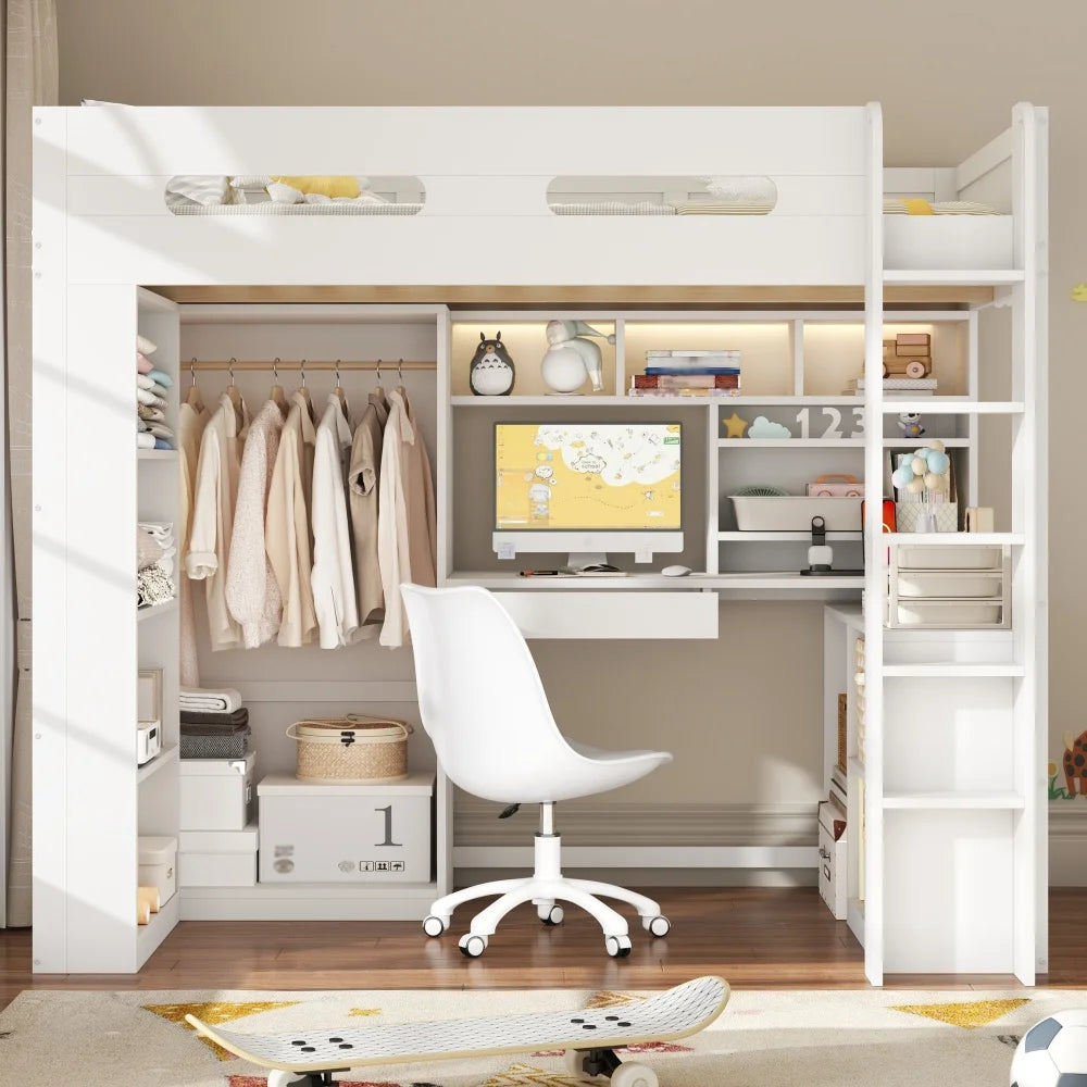 90x200cm White High Bed Frame, Loft Bed with Under‑Bed Desk