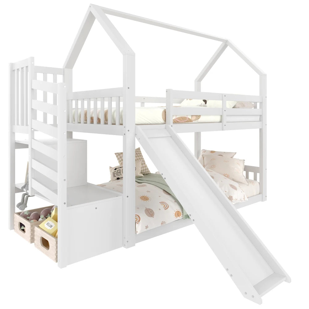 Bunk Bed with Staircase and Slide, House Bed(without Mattress)