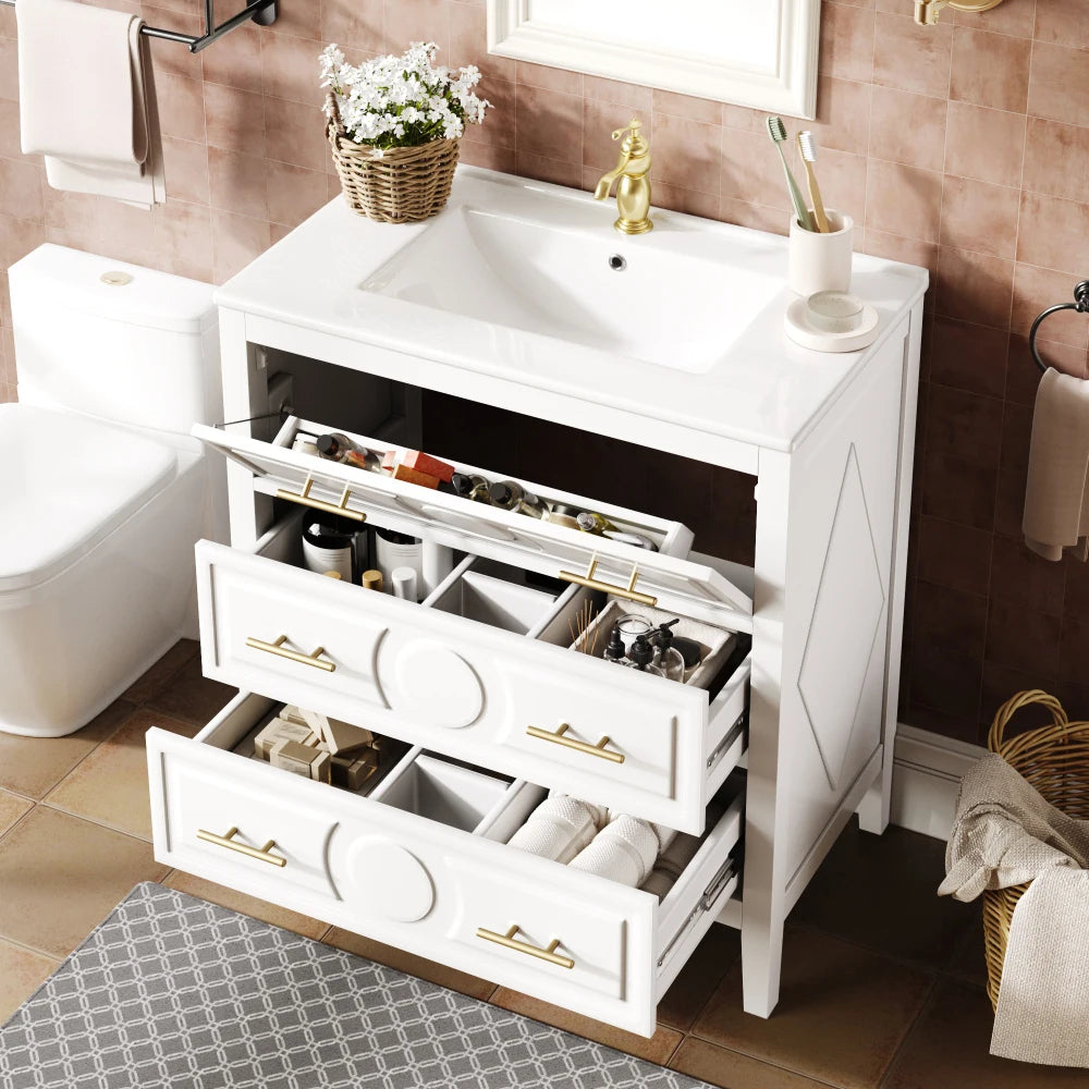 Freestanding White Bathroom cabinet with Ceramic Sink & Metal Handles