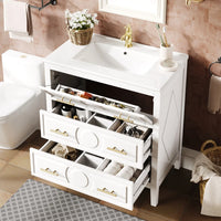 Freestanding White Bathroom cabinet with Ceramic Sink & Metal Handles