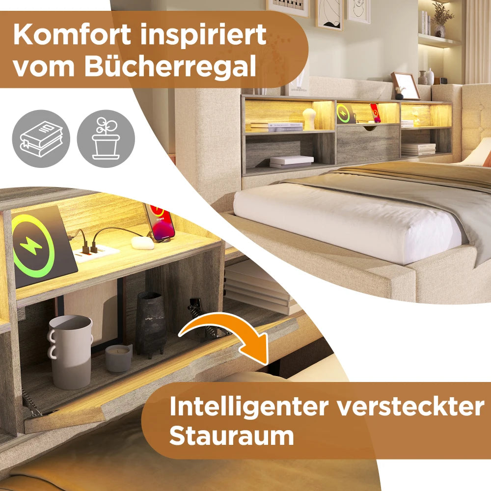 Upholstered Bed with LED Lighting, Hydraulic Storage Room, L-shaped Head