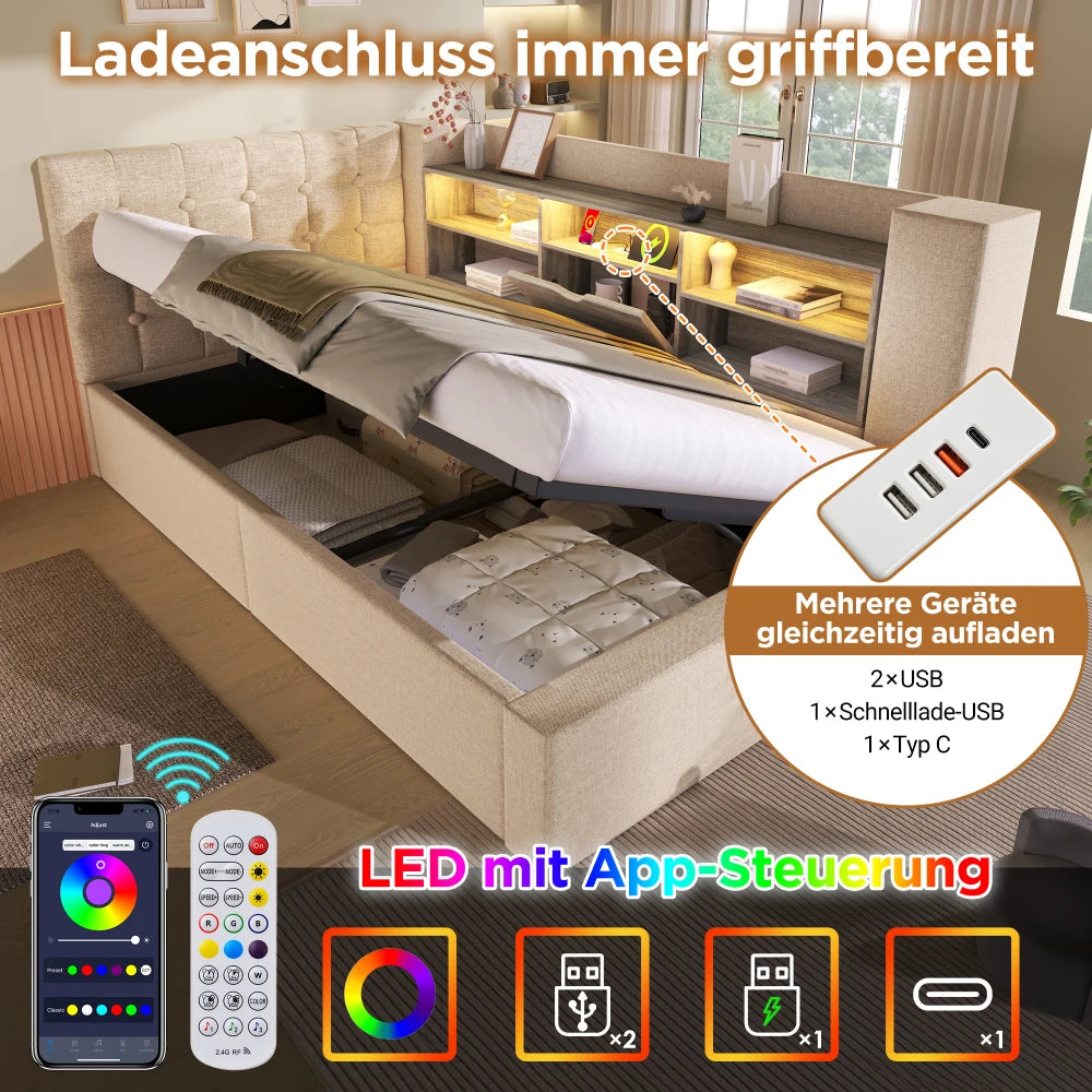 Upholstered Bed with LED Lighting, Hydraulic Storage Room, L-shaped Head