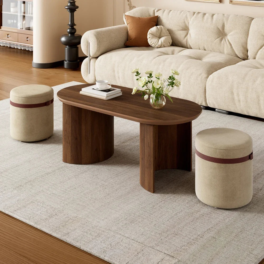 Oval Coffee Table Set with 2 Upholstered Armchairs