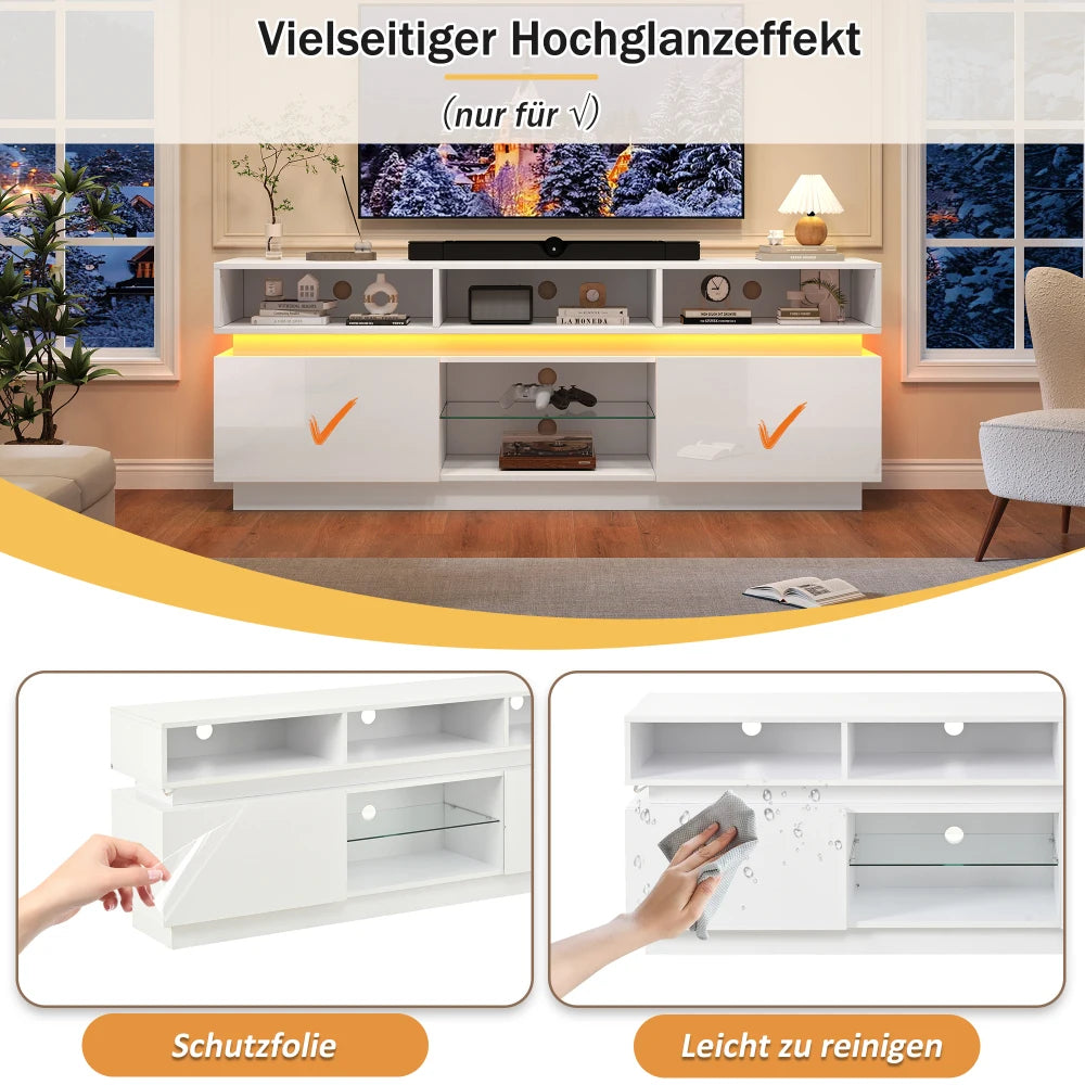 160*35*60cm TV Stand, High Gloss LED TV Cabinet with Tempered Glass Sheet