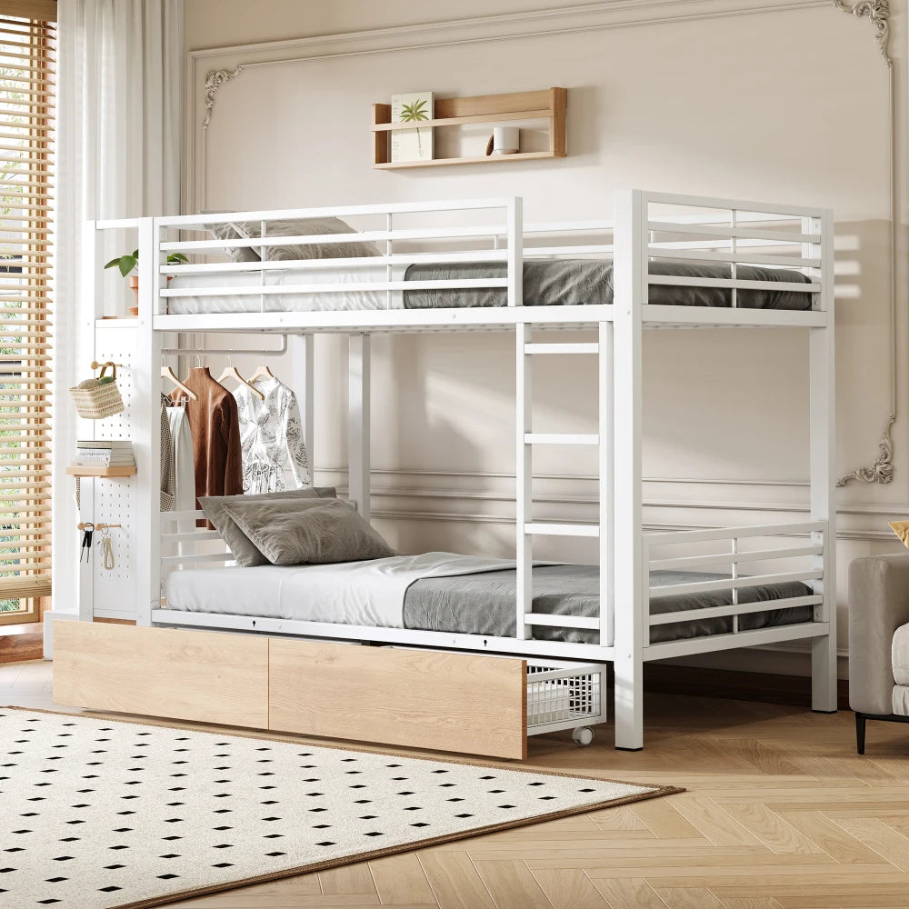 90x200cm White Metal Iron Frame Bunk Bed with 4 Storage Drawers