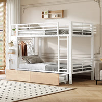 90x200cm White Metal Iron Frame Bunk Bed with 4 Storage Drawers