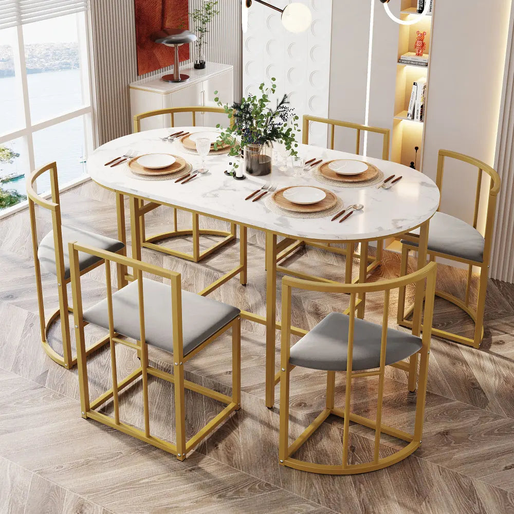 Six-Chair Dining Table Set:(White Table