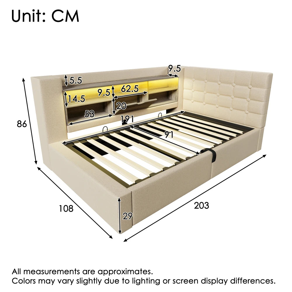 Upholstered Bed with LED Lighting, Hydraulic Storage Room, L-shaped Head