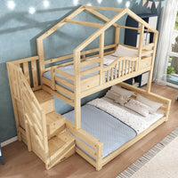 90x200/140x200cm Bunk Bed Children House Bed Natural Wood with Staircase Storage