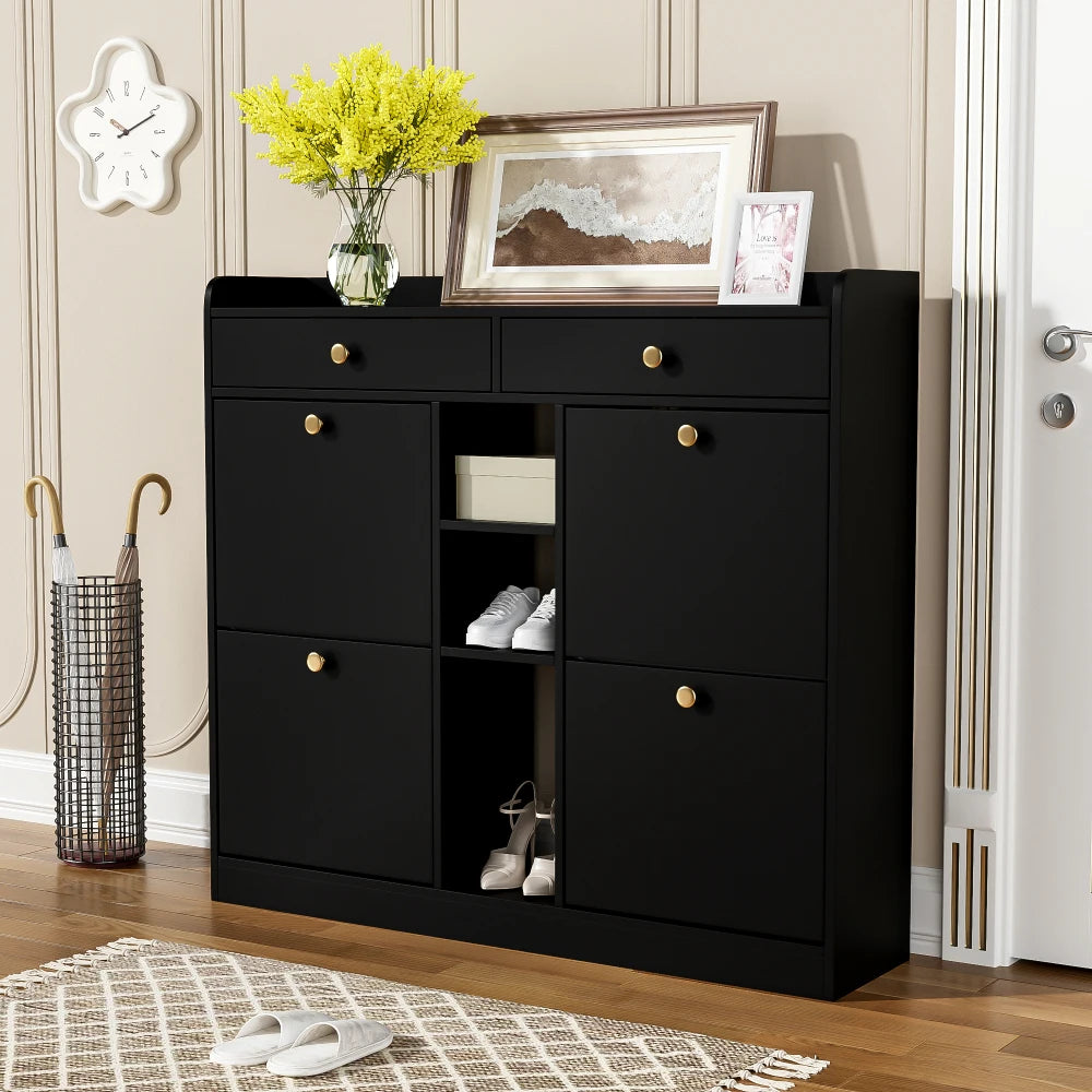 110 X 26 X 100cm Shoe Cabinet with 4 Folding Doors, 2 Drawers