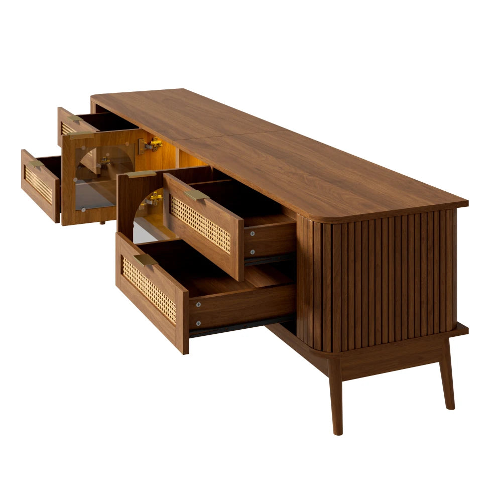 180x40x50cm Modern TV Stand with Curved Sliding Glass Doors & Solid Wood Legs
