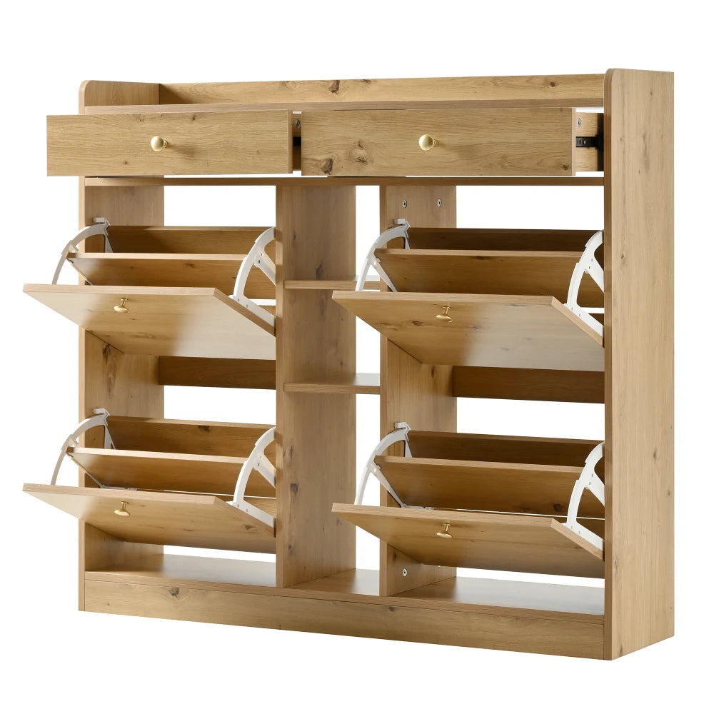 110 X 26 X 100cm Elegant Wooden Shoe Cabinet with 4 Folding Doors