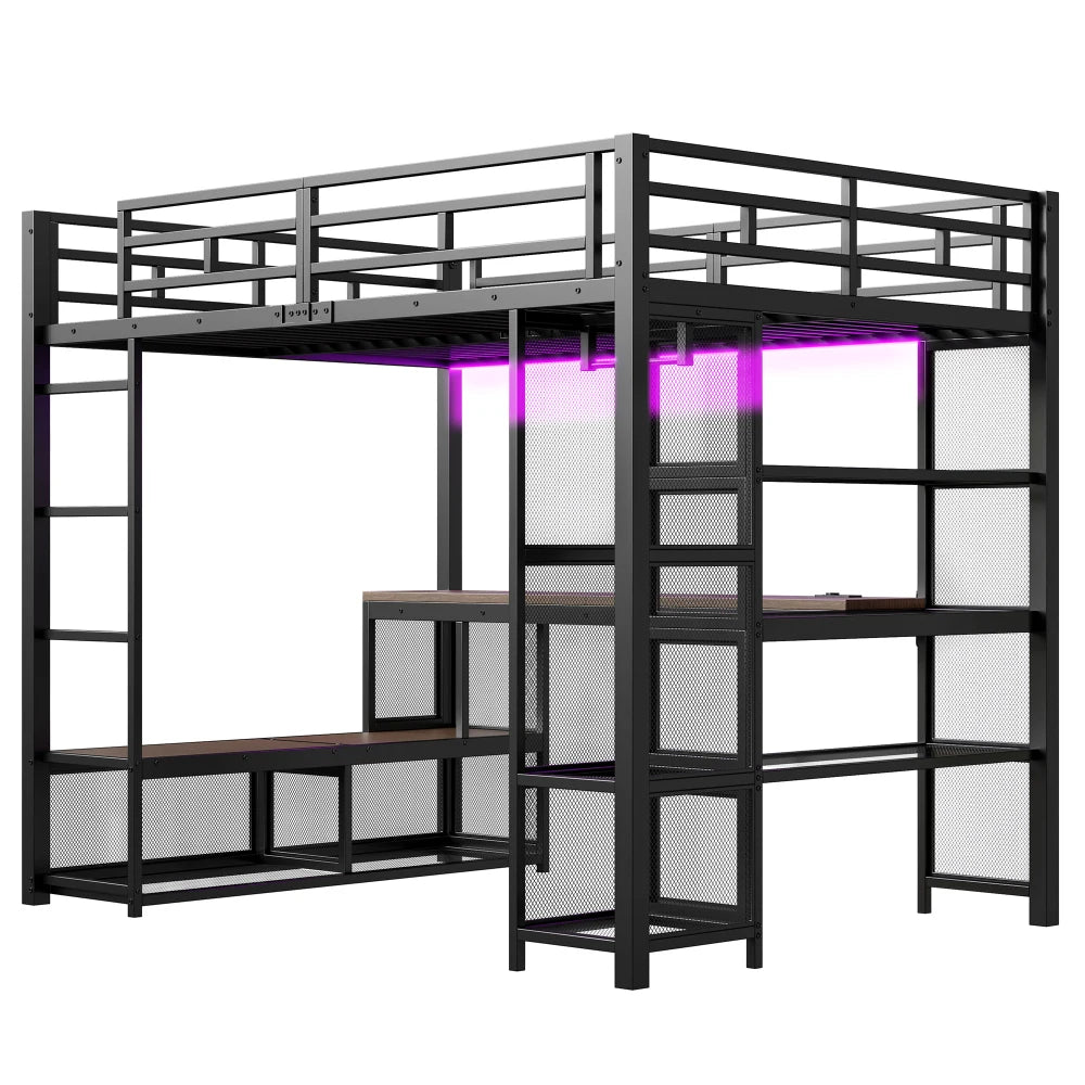 Højseng i metal 140x200 cm med opbevaring og åben garderobe