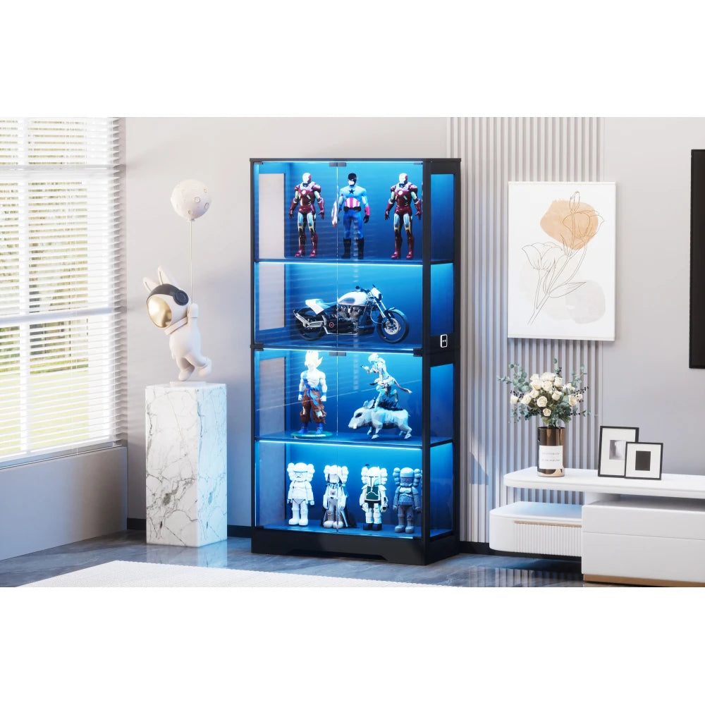Four-storey Glass Showcase with Storage Space, LED Lighting