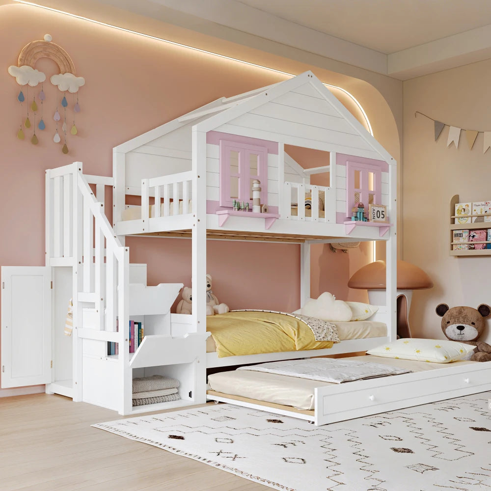90x200cm Children's Bunk Bed with Roll-away Bed, Baby Cot, Hanging Area