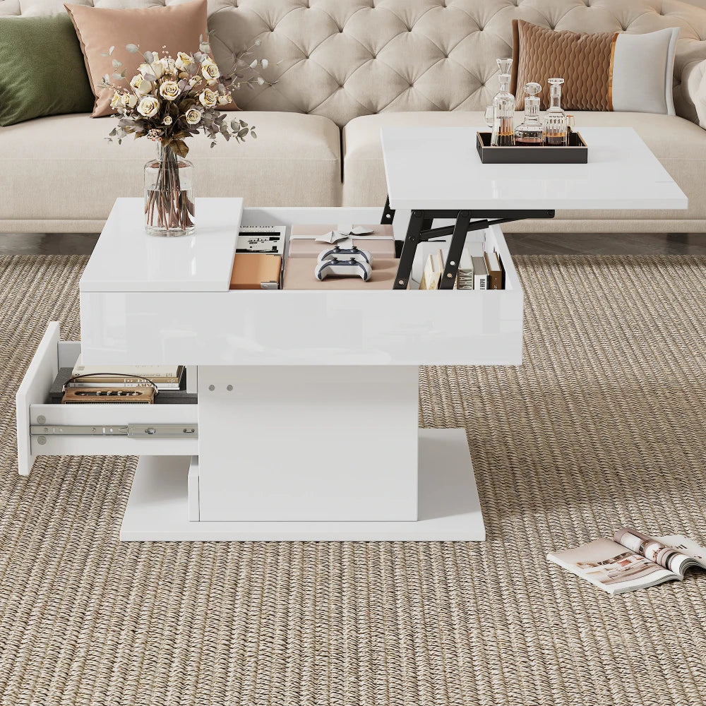 70*70*45cm High Gloss Coffee Table, Top Table 360° Freely Rotatable